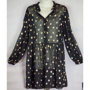 H & M Dress Womens Size XS Black Gold Polka Dot Print Long Sleeve Half Button
